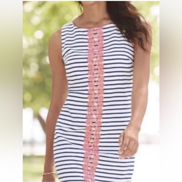 Jessica Howard Navy Striped Lace‎ Shift Dress Sleeveless Womens 14 (1205) - Picture 1 of 5
